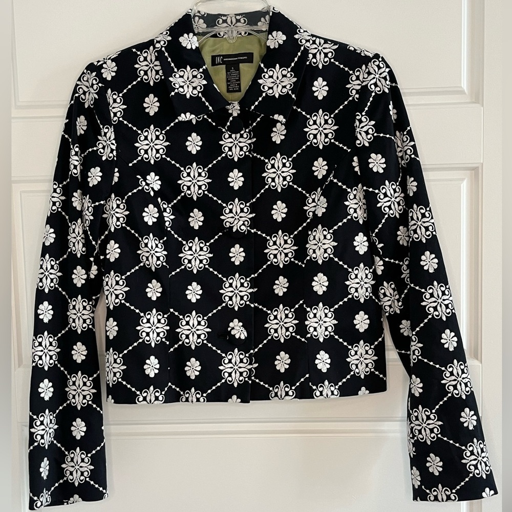 INC International Navy White Embroidered Blazer Jacket Crop Button Up Career S